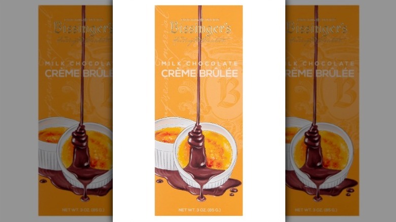 Bissinger's crème brûlée milk chocolate bar in an orange package on white background