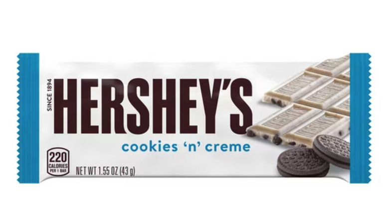 Hershey's cookies n creme bar in a white package on white background