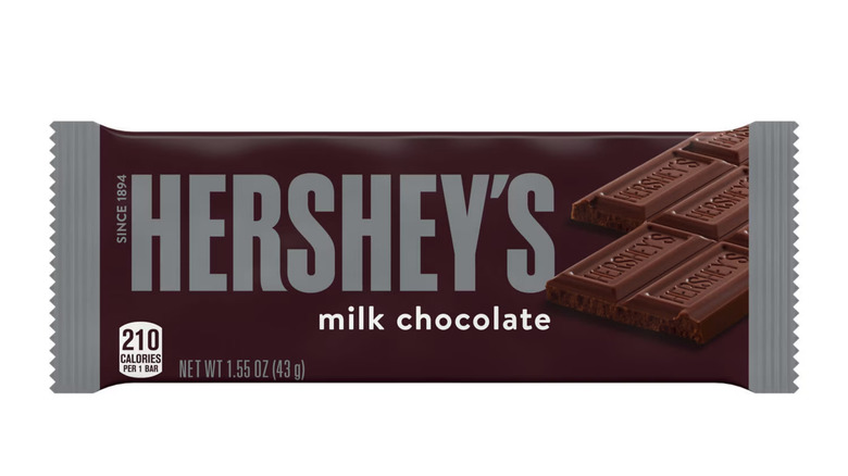 Hershey's milk chocolate bar with a brown wrapper on white background