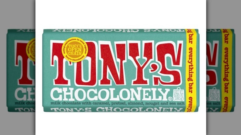 Tony's Chocolonely everything bar in a teal package on white background