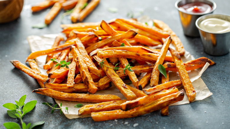 sweet potato fries with condiments