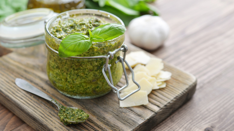 Open jar of pesto