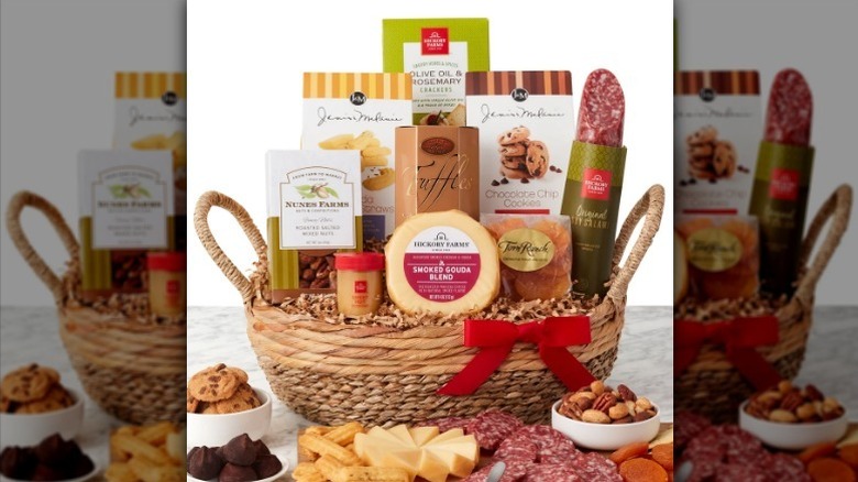 Hickory Farms sweet and savory basket on counter