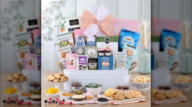 Mother's Day gourmet gift basket on counter