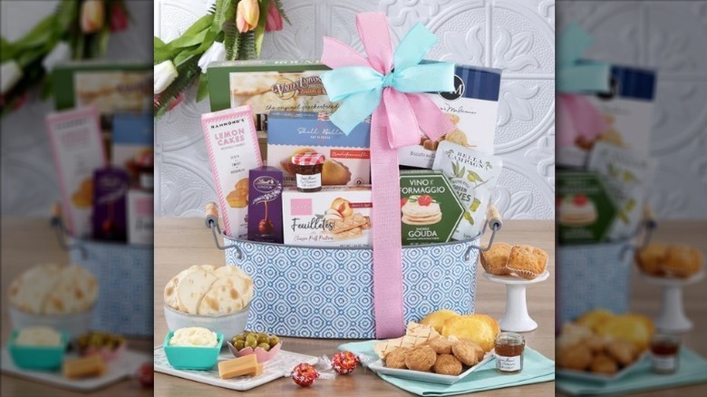 Mother's Day sweet and savory gift basket on counter