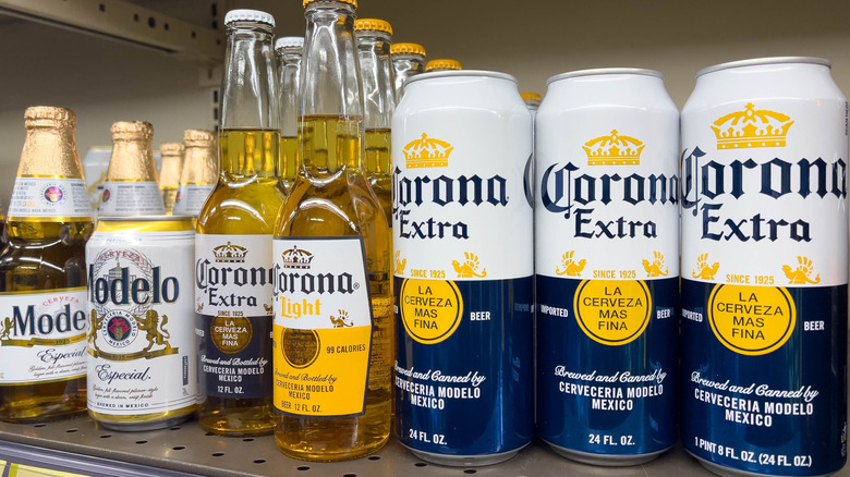 Bottles and cans of Modelo and Corona beer