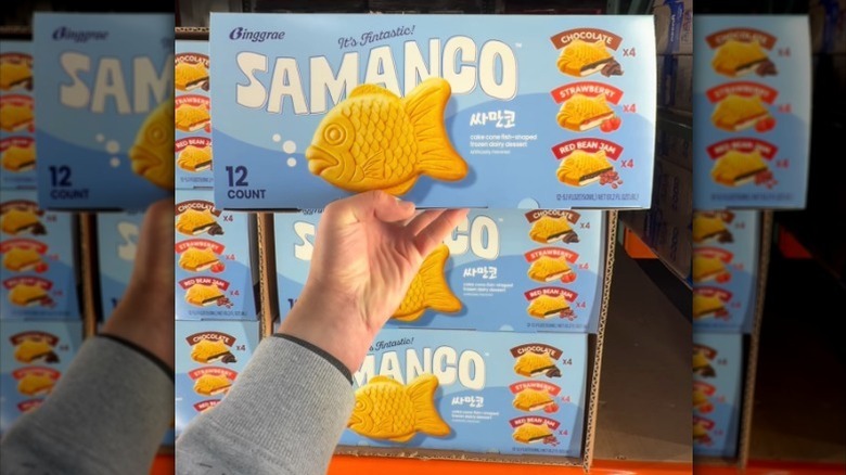 Hand holding waffle ice cream sandwich box