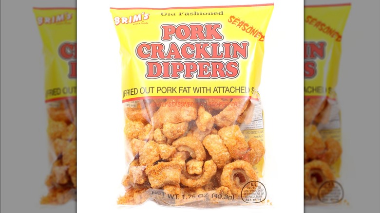 A bag of Brim's Seasoned Pork Cracklin Dippers with yellow and red label.