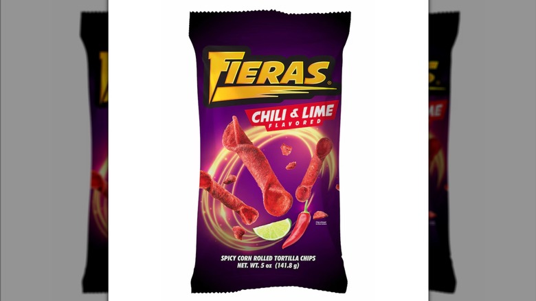 A bag of Fieras Chili and Lime Spicy Corn Rolled Tortilla Chips against a white background.