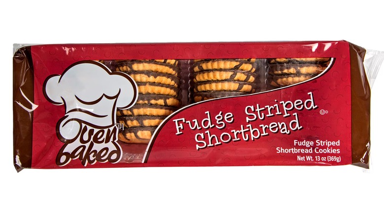 A red package of Fudge Striped Shortbread Cookies against a white background.