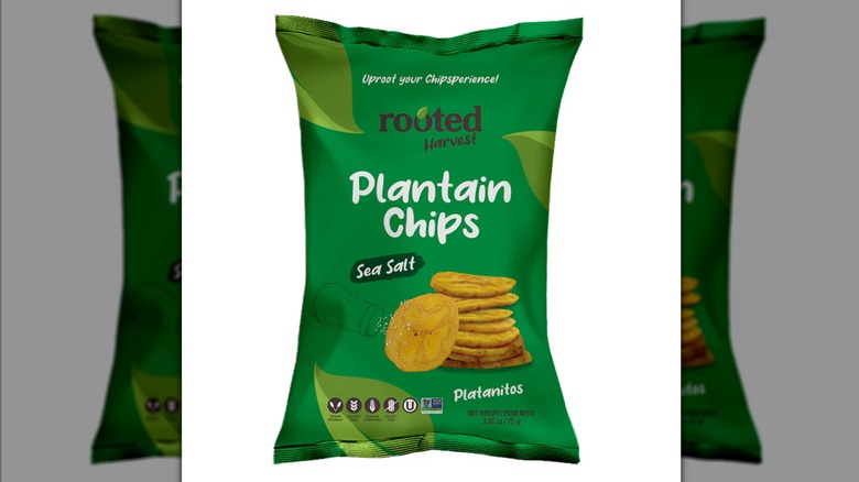 A green bag of Rooted Harvest Sea Salt Plantain Chips against a white background.