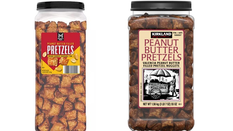 Side-by-side picture of Sam's Club Peanut Butter Filled Pretzels and Kirkland Signature Peanut Butter Pretzels