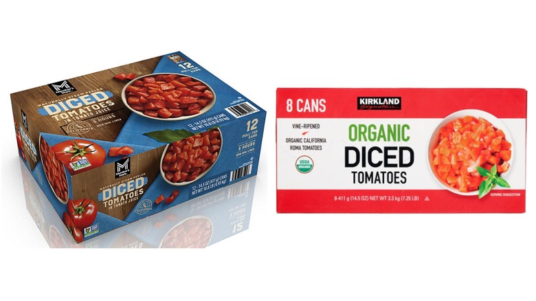 Side-by-side picture of Sam's Club Diced Tomatoes and Kirkland Signature Organic Diced Tomatoes