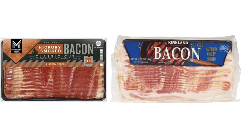 Side-by-side picture of Sam's Club Hickory Smoked Bacon and Kirkland Hickory Smoked Sliced Bacon