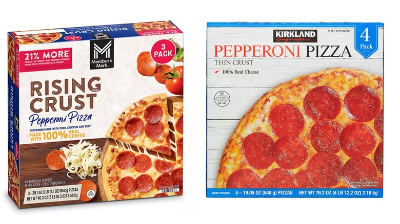 Side-by-side picture of Sam's Club Rising Crust Pepperoni Pizza and Kirkland Signature Pepperoni Pizza