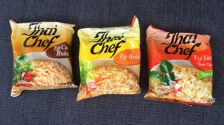 Three packs of Thai Chef instant ramen noodles