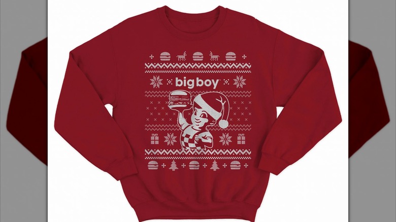 A dark red ugly sweater with the Big Boy logo and mascot