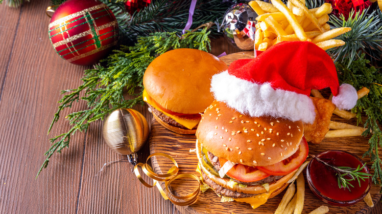 fast food with Santa hat and Christmas tree