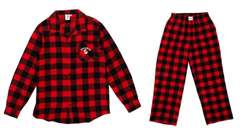 Red checkered flannel pants and long-sleeve shirt, with a Jollibee logo on the breast pocket