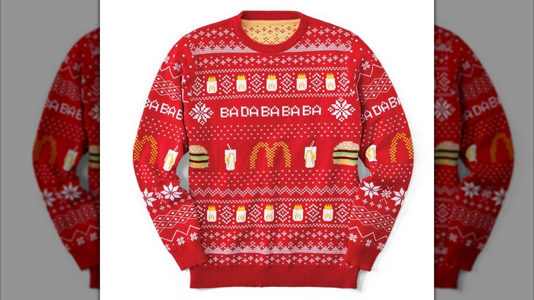 A red ugly sweater patterned with McDonald's trademarks