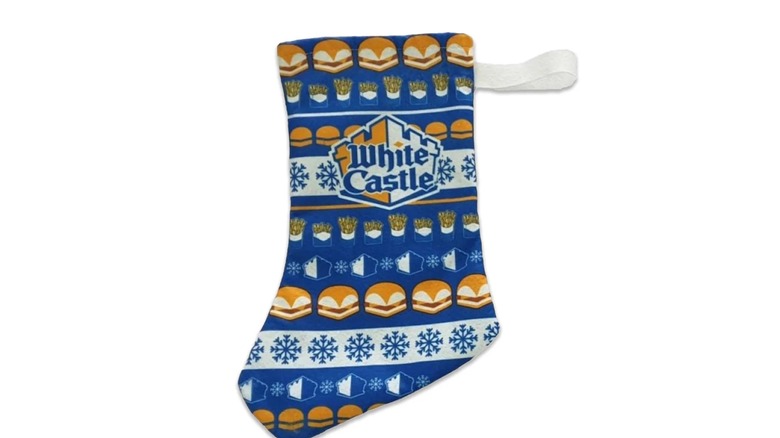 A White Castle-themed stocking featuring the company's burgers, fries, and logo