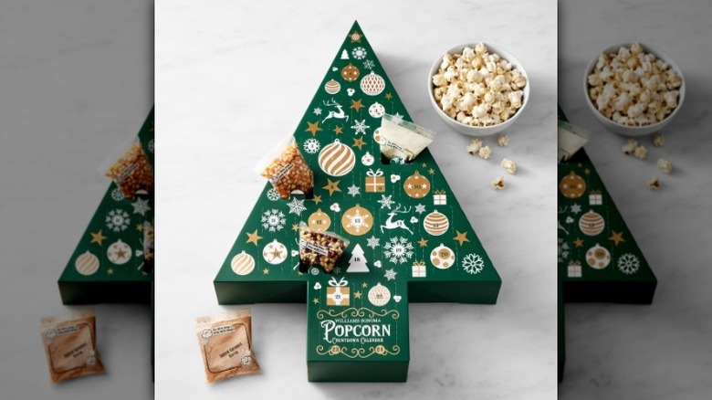 Williams Sonoma popcorn advent calendar on counter