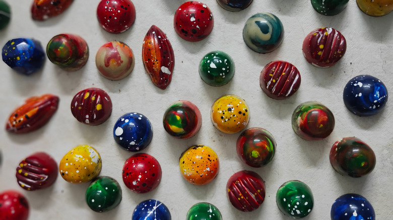 An assortment of colorful chocolate bonbons