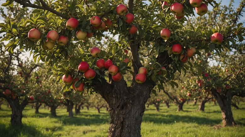 Close-up of apple tree in sunny orchard