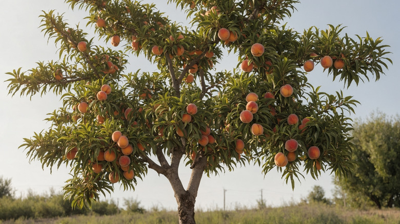 Close-up of peach tree in open field