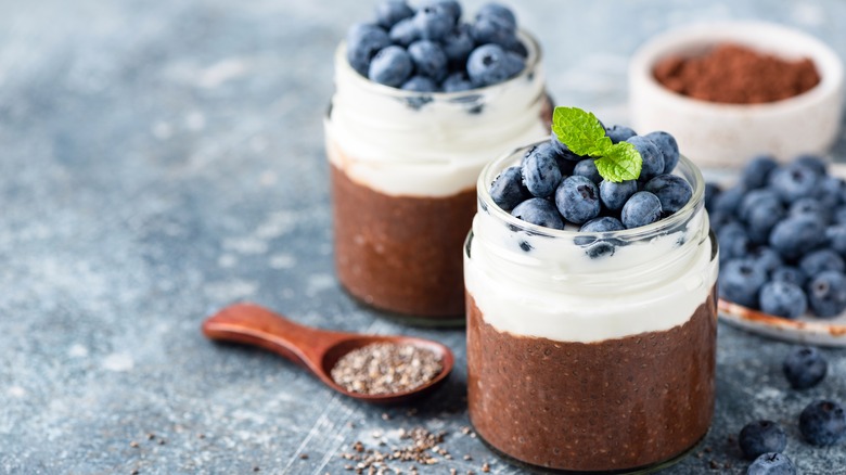 Chocolate chia pudding cups with blueberries