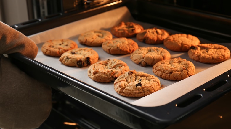 Chocolate chip cookies in oven