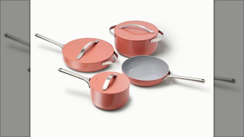 Product image of the Caraway 12-piece ceramic cookware set in perracotta