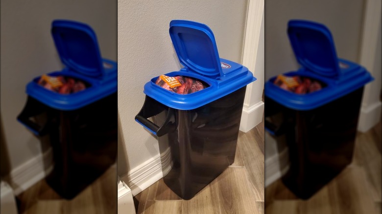 Open Kingsford charcoal briquettes storage dispenser