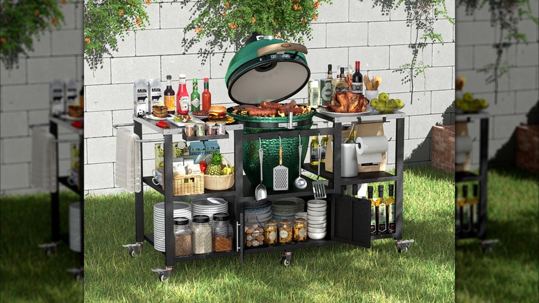 Veikous rolling grill cart and storage with Big Green Egg, food, and grill and kitchenware