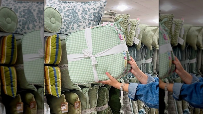 Green gingham chair cushions with ties