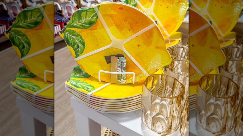 Lemon-shaped serving platter and orange-colored tumblers