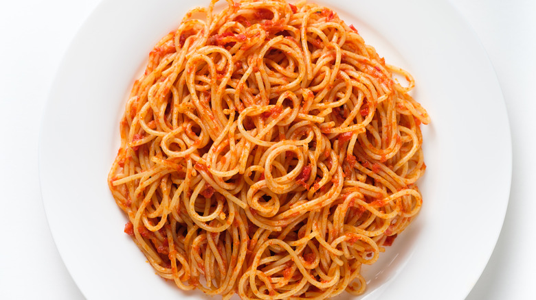 Plate of spaghetti in red sauce