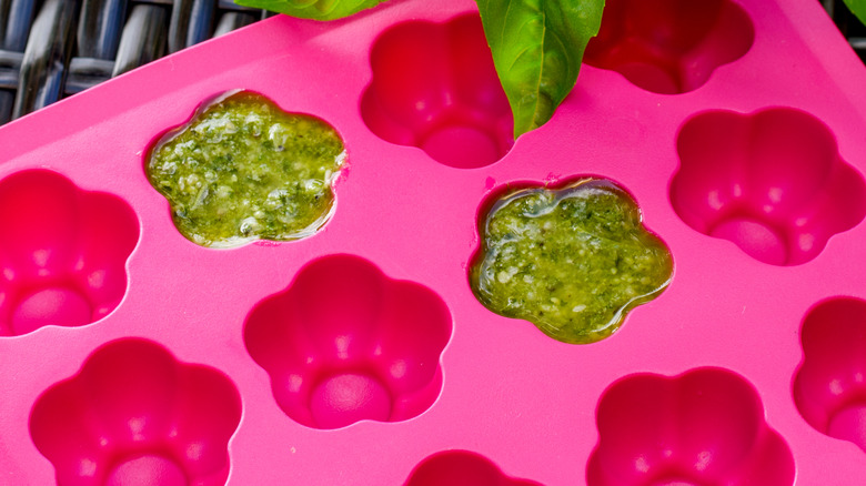 basil pesto in ice cube tray