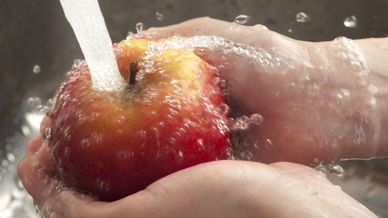 hands holding apple under faucet