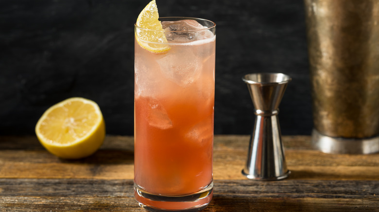 Sloe gin fizz cocktail with lemon