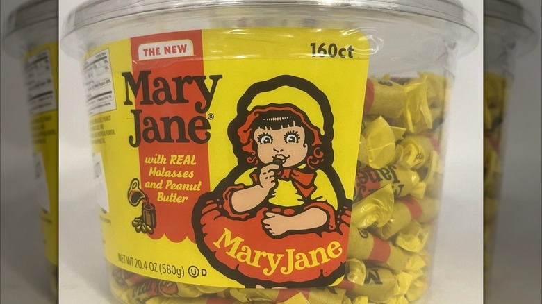 Clear plastic tub of Mary Jane peanut butter candies