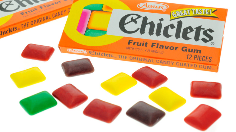 Box of Chiclets candy-coated gum with assorted flavors on display