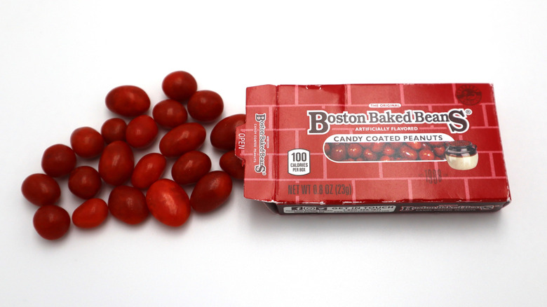 Box of Boston Baked Beans candy peanuts with red peanuts outside