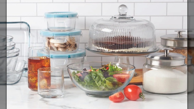 A variety of Anchor Hocking glass products on a countertop