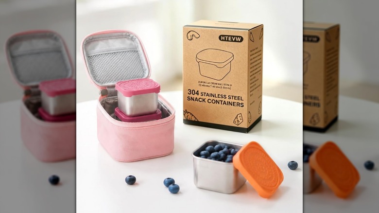 HTEVW stainless steel snack containers with leak-resistant lids on a countertop