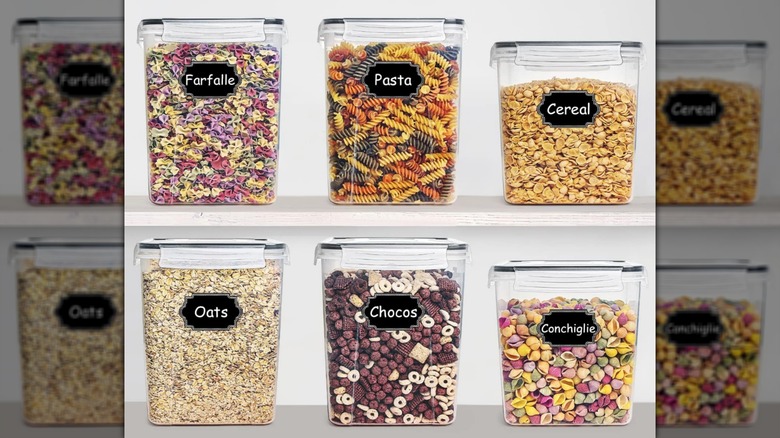 Wildone food storage containers holding farfalle, pasta, cereal, oats, chocos, and conchiglie