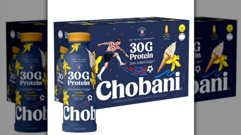 Chobani yogurt protein drinks in a navy blue box on white background