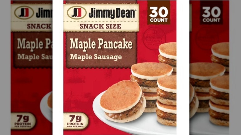 Jimmy Dean pancake sandwiches in red box on white background