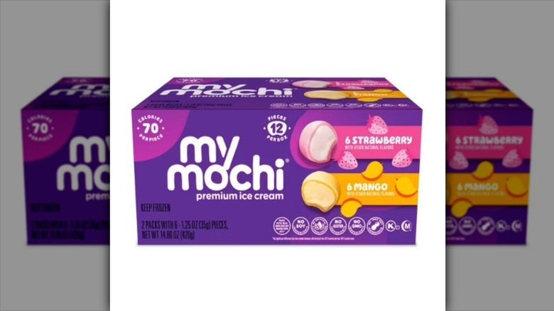 Mochi ice cream pack in a purple box on white background