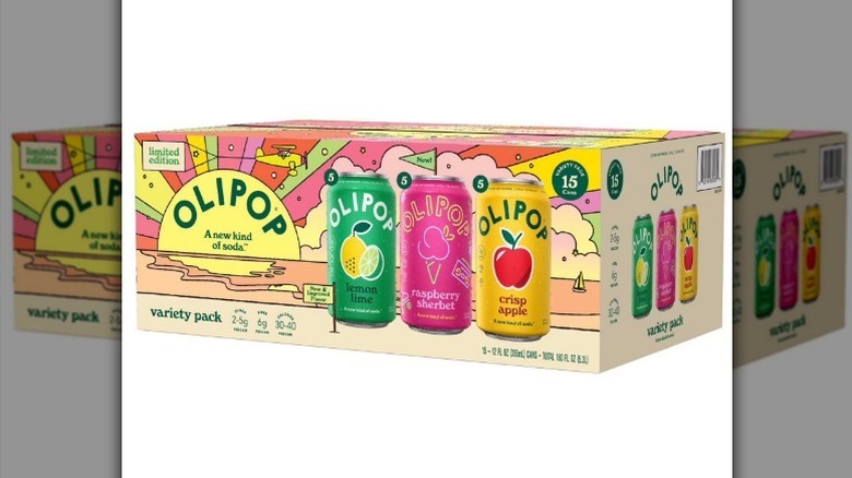 Olipop variety pack with green, pink, and yellow cans on white background